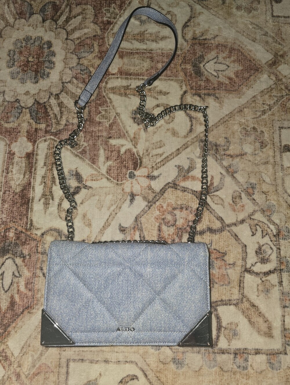 Aldo Fieschi Light Blue Quilted Denim Print Crossbody Bag with Silver Accents